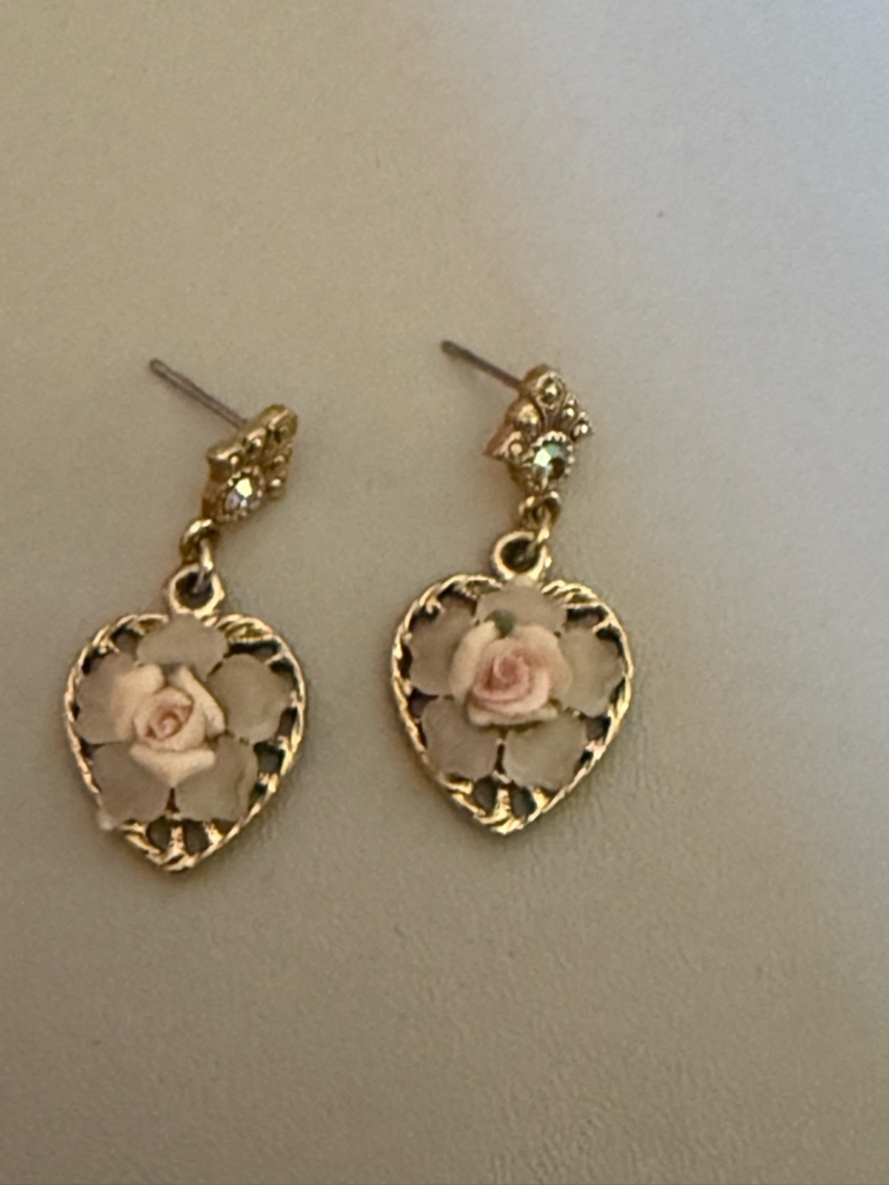 Vintage 1928 Gold-Tone Heart Drop Earrings with Pink Rose Detail